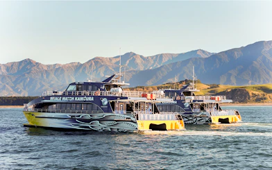 Whale watching boats in Kaikoura with mountains in the background.