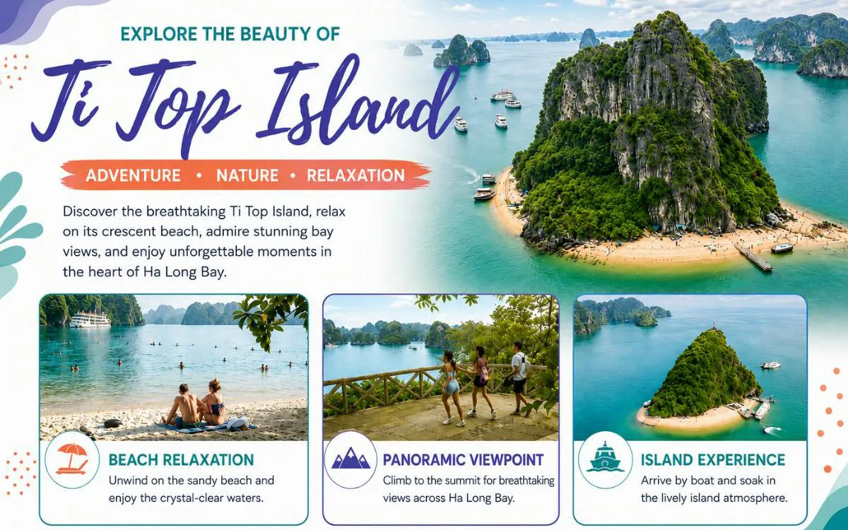 Ti Top Island in Ha Long Bay with cruise ships, beach, and panoramic views.
