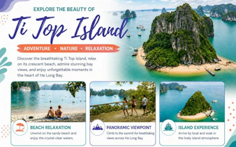 Ti Top Island in Ha Long Bay with cruise ships, beach, and panoramic views.