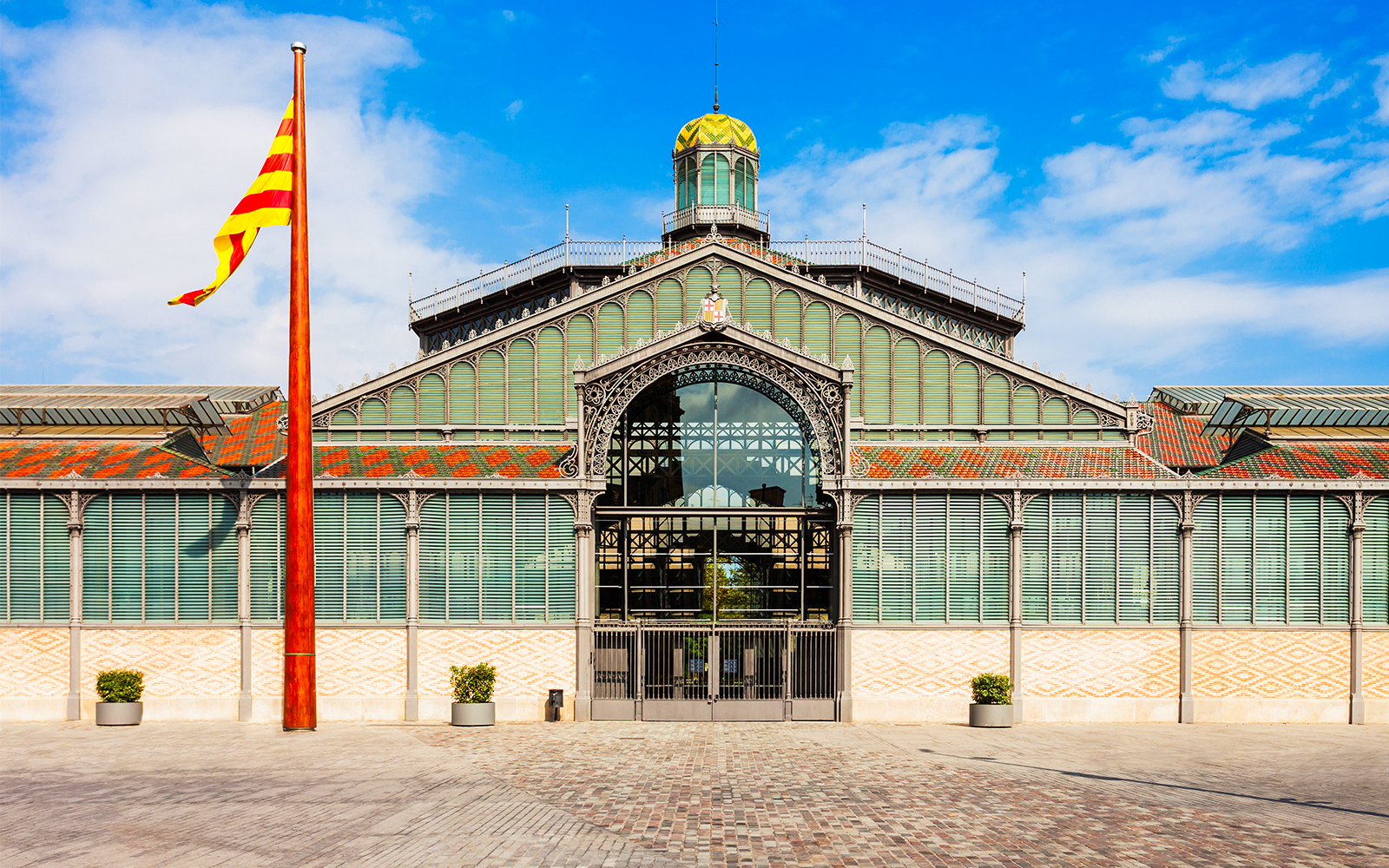 El Born Centre Cultura Memoria facade with Catalan flag, Barcelona.