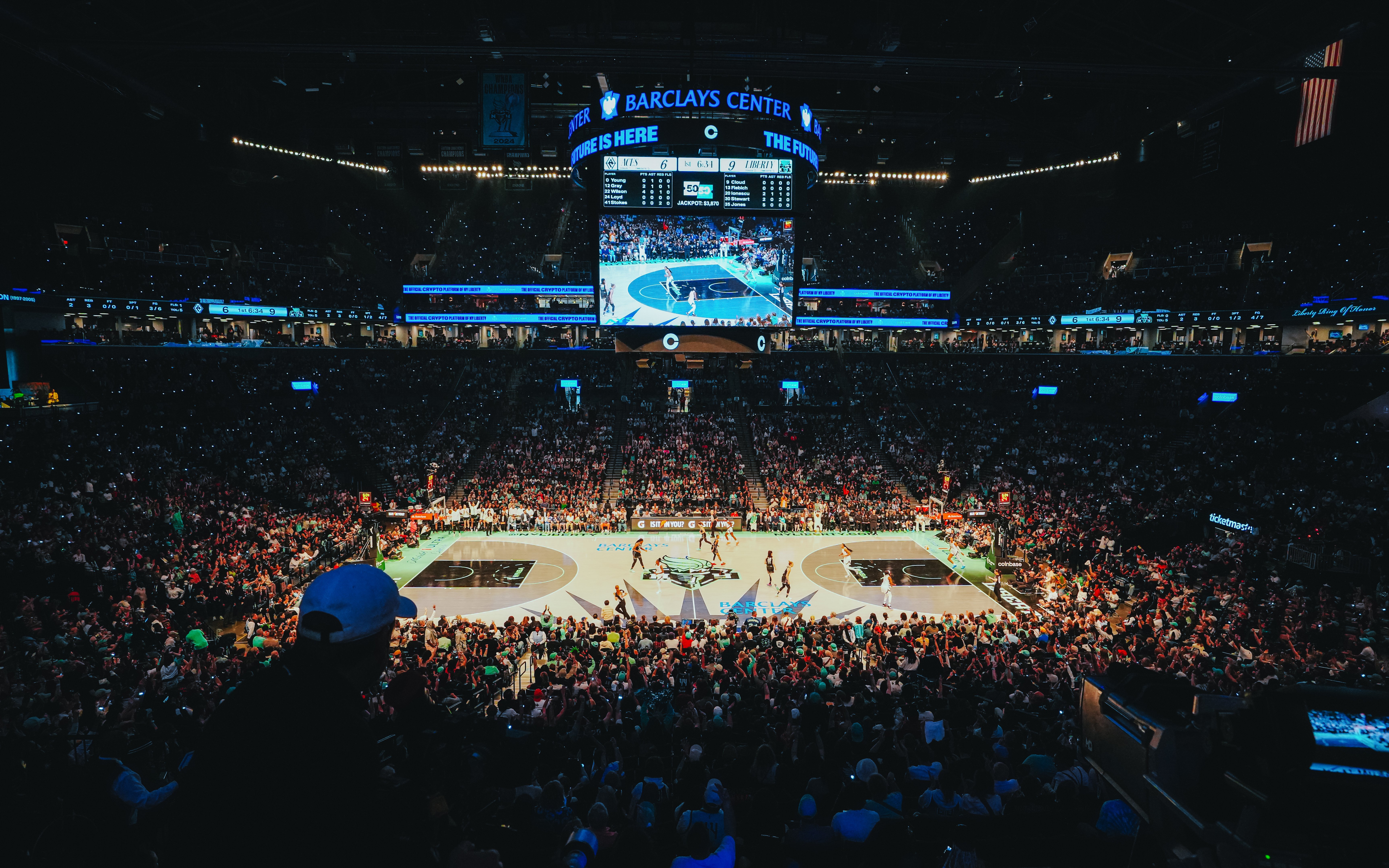 Aerial view of New York Liberty basketball game at Barclays Center.