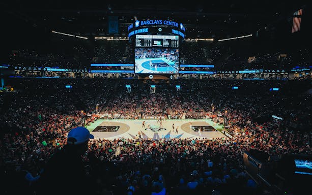 Aerial view of New York Liberty basketball game at Barclays Center.