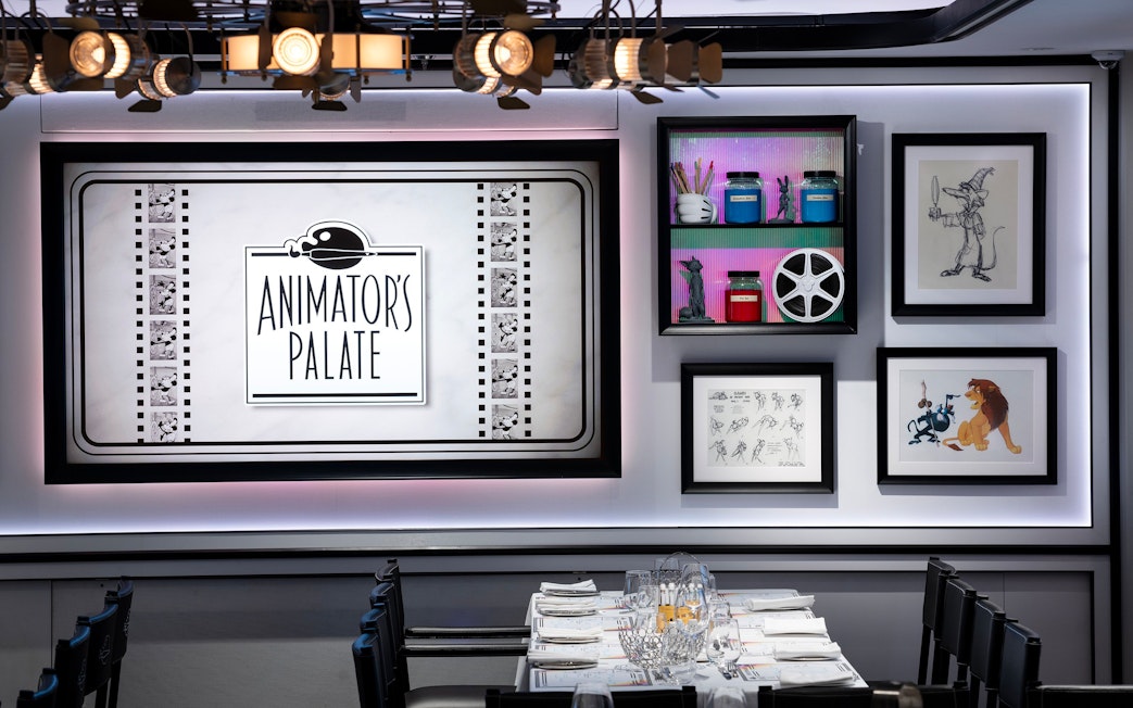 Animator's Palate dining room with animation sketches on Disney Cruise Line.