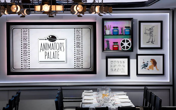 Animator's Palate dining room with animation sketches on Disney Cruise Line.