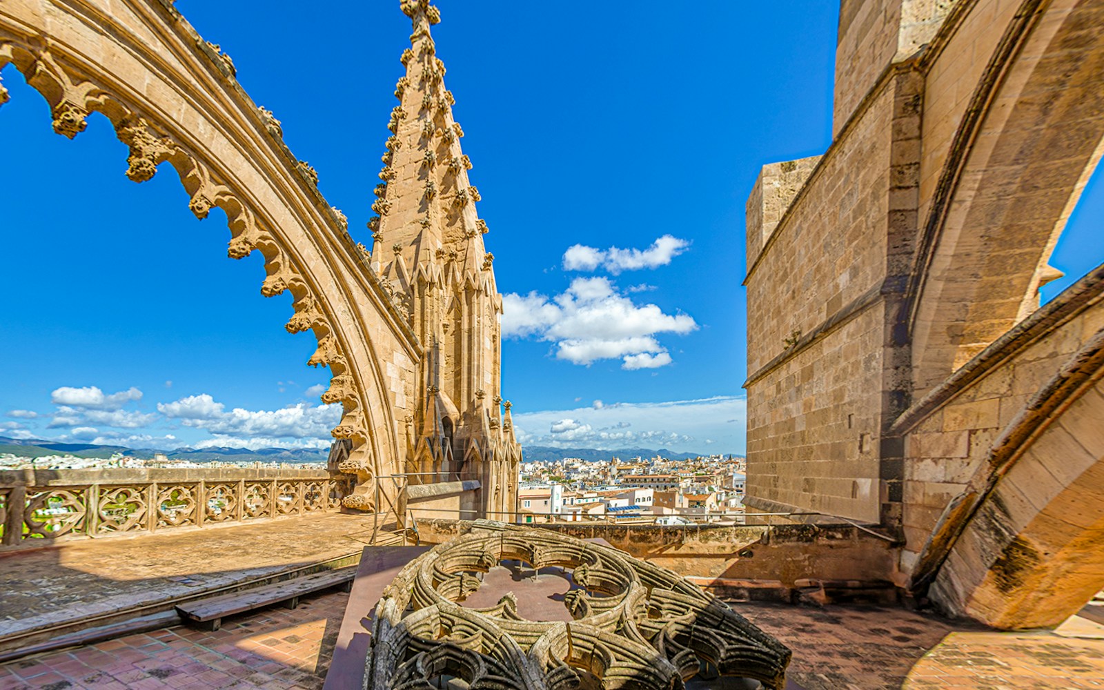 terrace of the Cathedral of Santa Maria of Palma, or La Seu, a Gothic Roman Catholic cathedral located in Palma, Mallorca, Spain