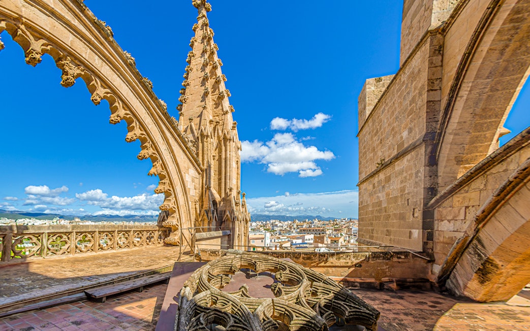 Terrace view of La Seu Cathedral's Gothic architecture in Palma, Mallorca, Spain.