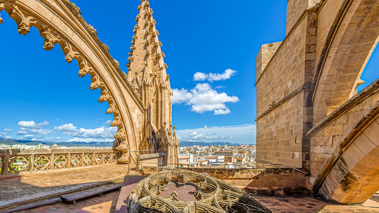 Terrace of the Cathedral of Santa Maria of Palma, or La Seu, a Gothic Roman Catholic cathedral located in Palma, Mallorca, Spain