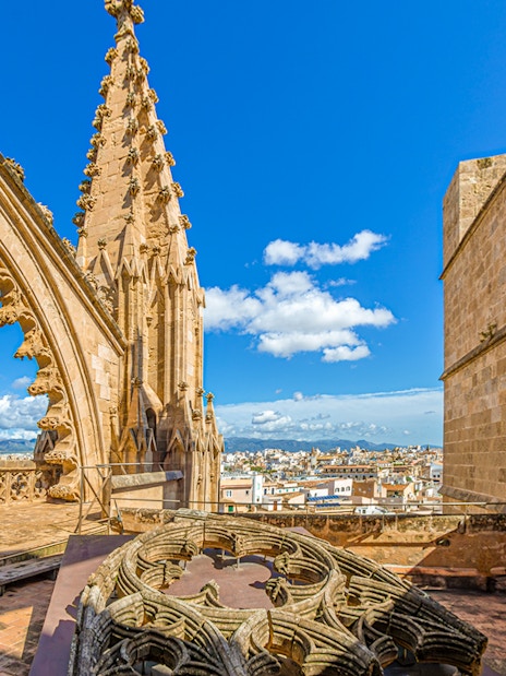 Terrace view of La Seu Cathedral's Gothic architecture in Palma, Mallorca, Spain.