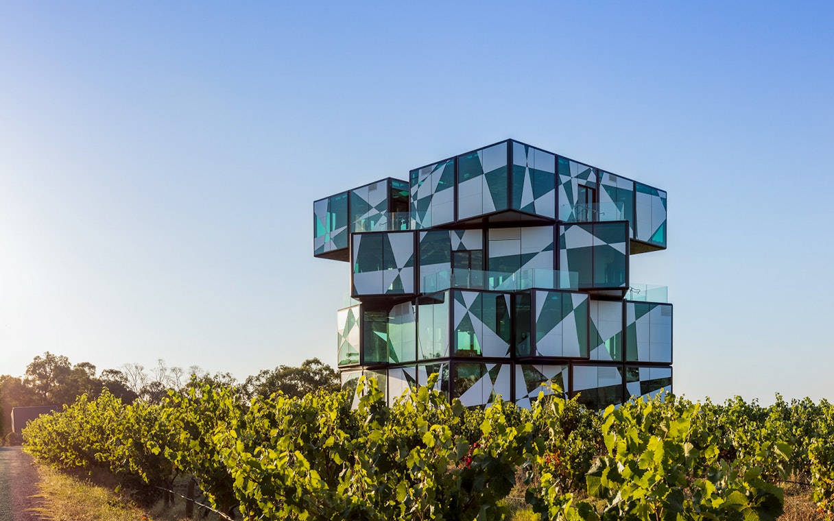 Modern glass building in vineyard, McLaren Vale, Australia.
