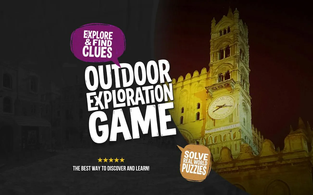 Outdoor exploration game poster with Palermo clock tower at night.