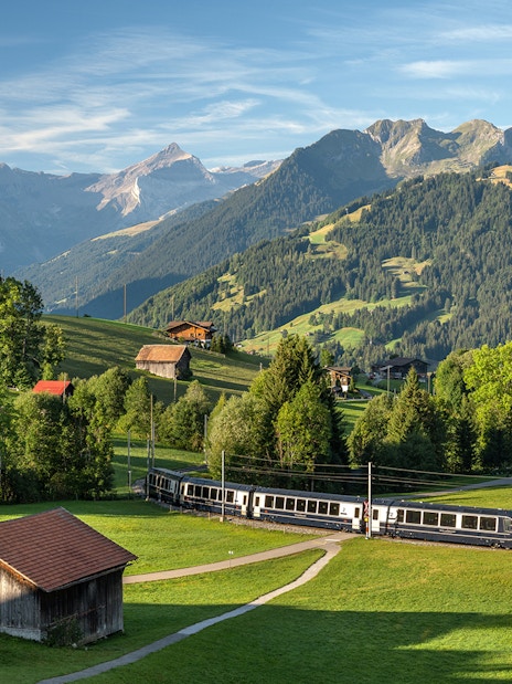 GoldenPass Express train traveling through scenic Schönried with mountain backdrop.