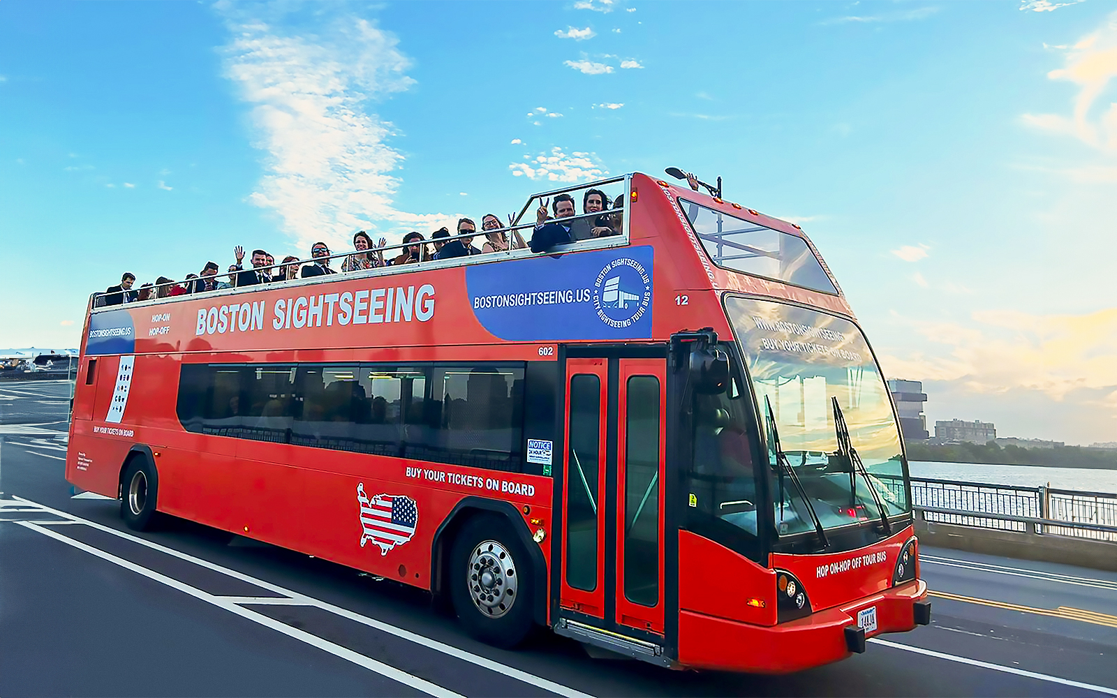 Tourists exploring Boston by sightseeing bus