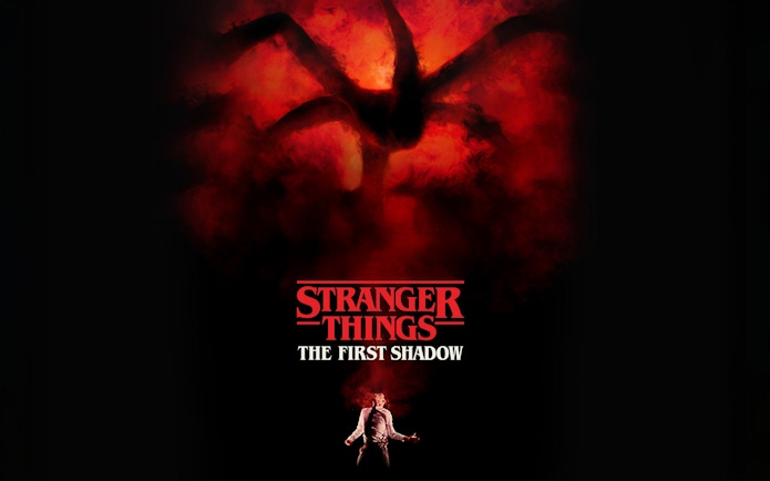 Stranger Things: The First Shadow poster with red smoke and shadowy figure.
