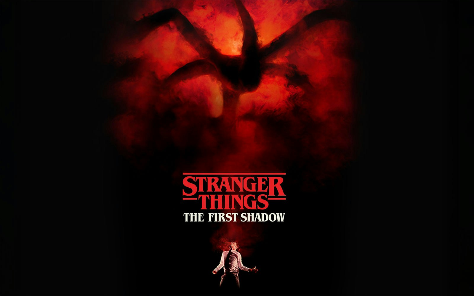 Stranger Things: The First Shadow poster with red smoke and shadowy figure.
