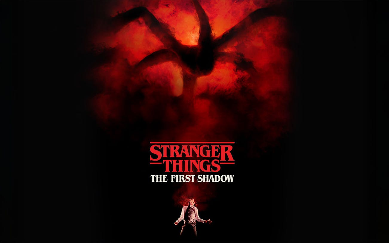 Stranger Things: The First Shadow poster with red smoke and shadowy figure.