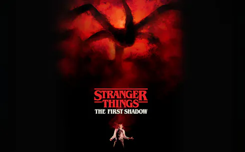 Stranger Things: The First Shadow poster with red smoke and shadowy figure.