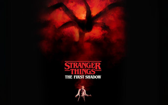 Stranger Things: The First Shadow poster with red smoke and shadowy figure.