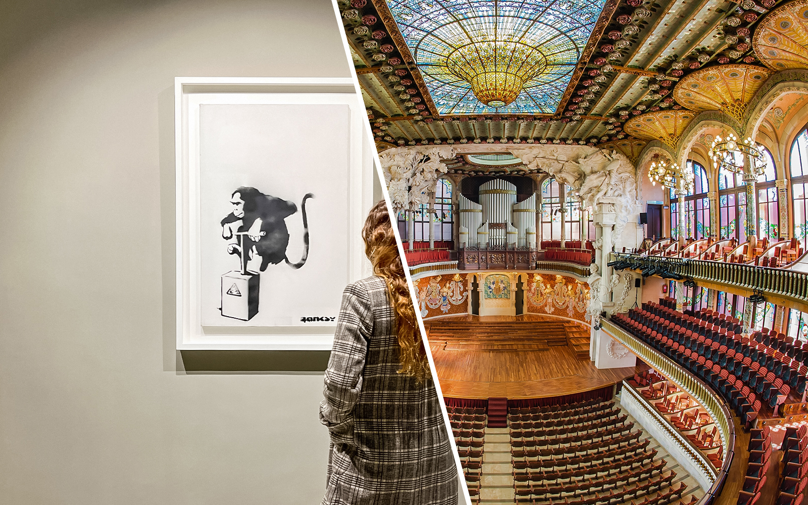 Moco Museum Barcelona artwork and Palau de la Música concert hall interior.