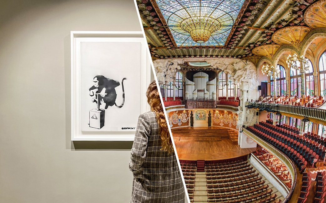 Moco Museum Barcelona artwork and Palau de la Música concert hall interior.