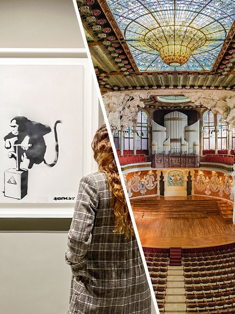 Moco Museum Barcelona artwork and Palau de la Música concert hall interior.