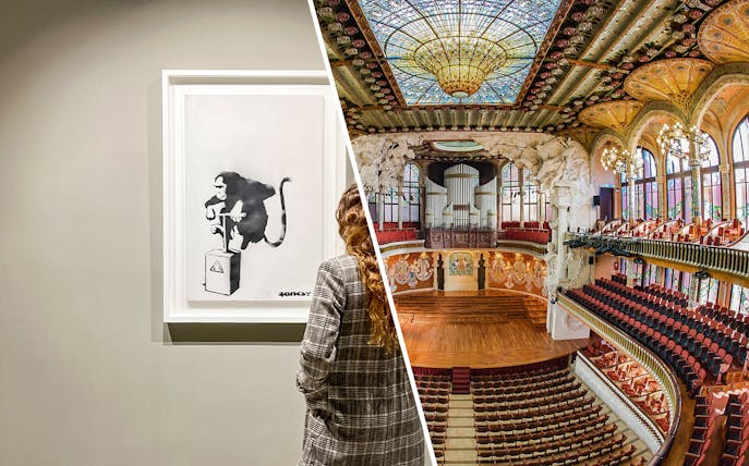 Moco Museum Barcelona artwork and Palau de la Música concert hall interior.