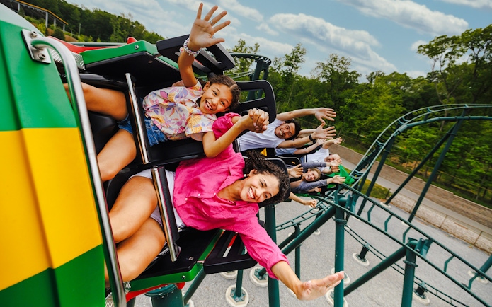 Guests enjoying a roller coaster ride at Legoland, New York.