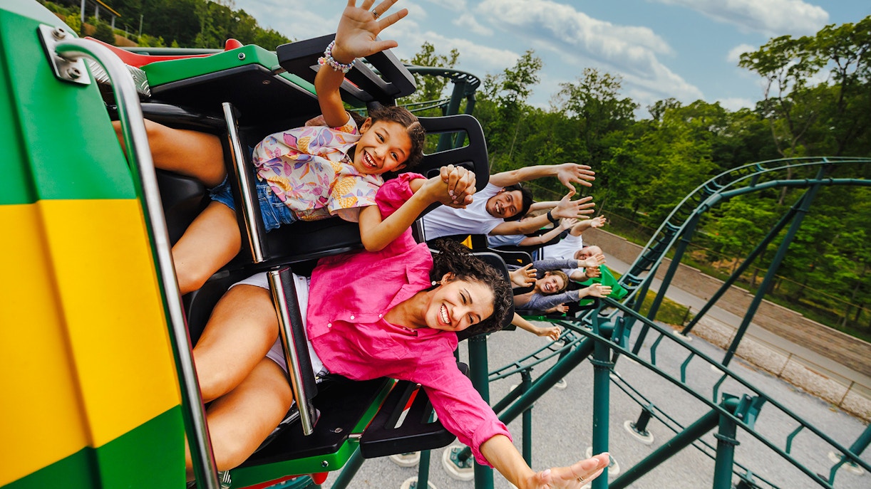 Guests enjoying a roller coaster ride at Legoland, New York.