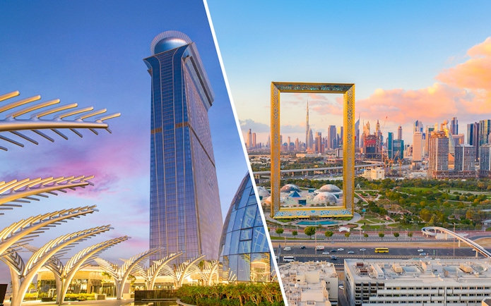 The View at The Palm and Dubai Frame with city skyline.