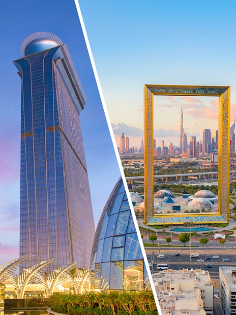 The View at The Palm and Dubai Frame with city skyline.