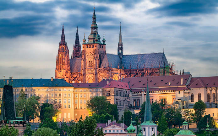 Prague Castle with St. Vitus Cathedral at sunset, Czech Republic.