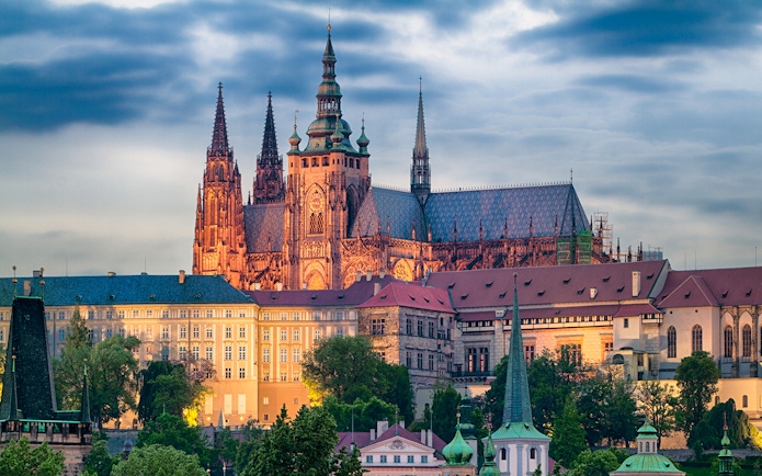 Prague Castle with St. Vitus Cathedral at sunset, Czech Republic.
