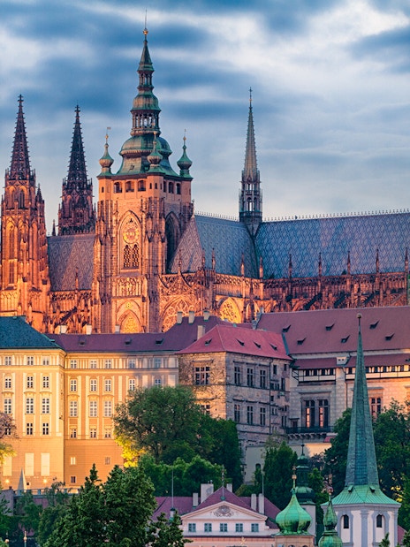 Prague Castle with St. Vitus Cathedral at sunset, Czech Republic.