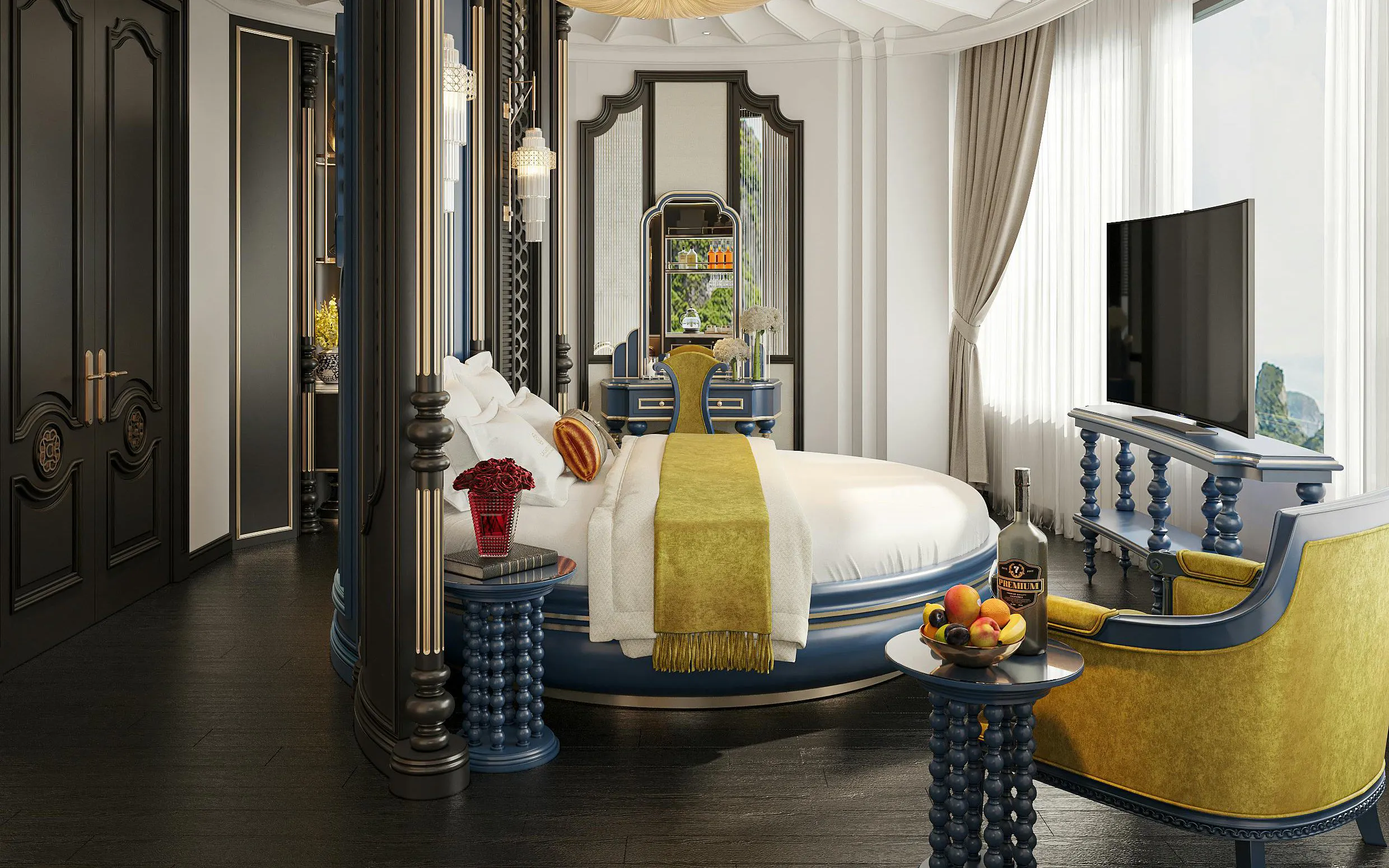 Luxury suite interior on La Casta Star Cruise, Lan Ha Bay, with round bed and elegant decor.