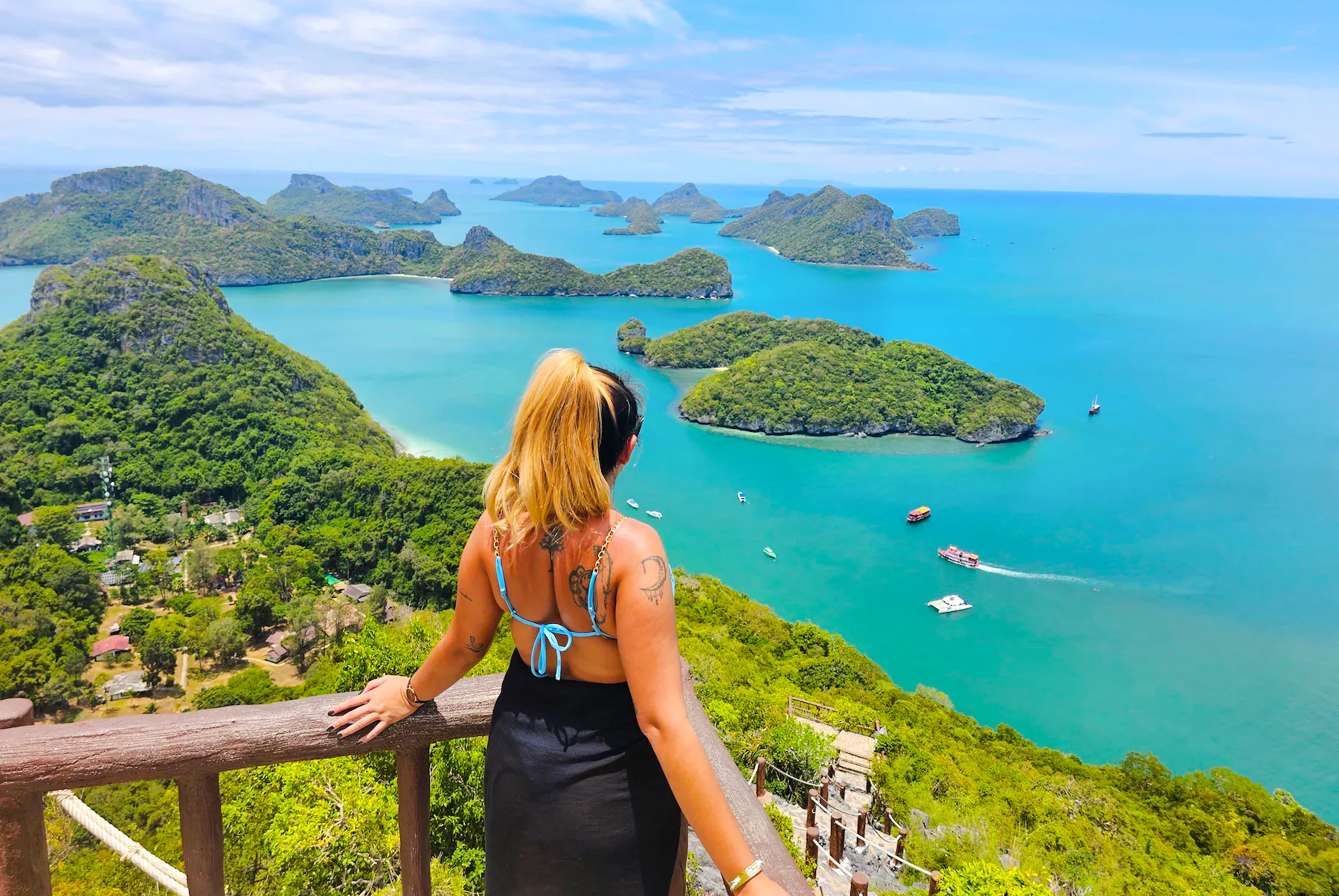 Woman overlooking Ang Thong Marine Park islands from viewpoint, Koh Samui tour.