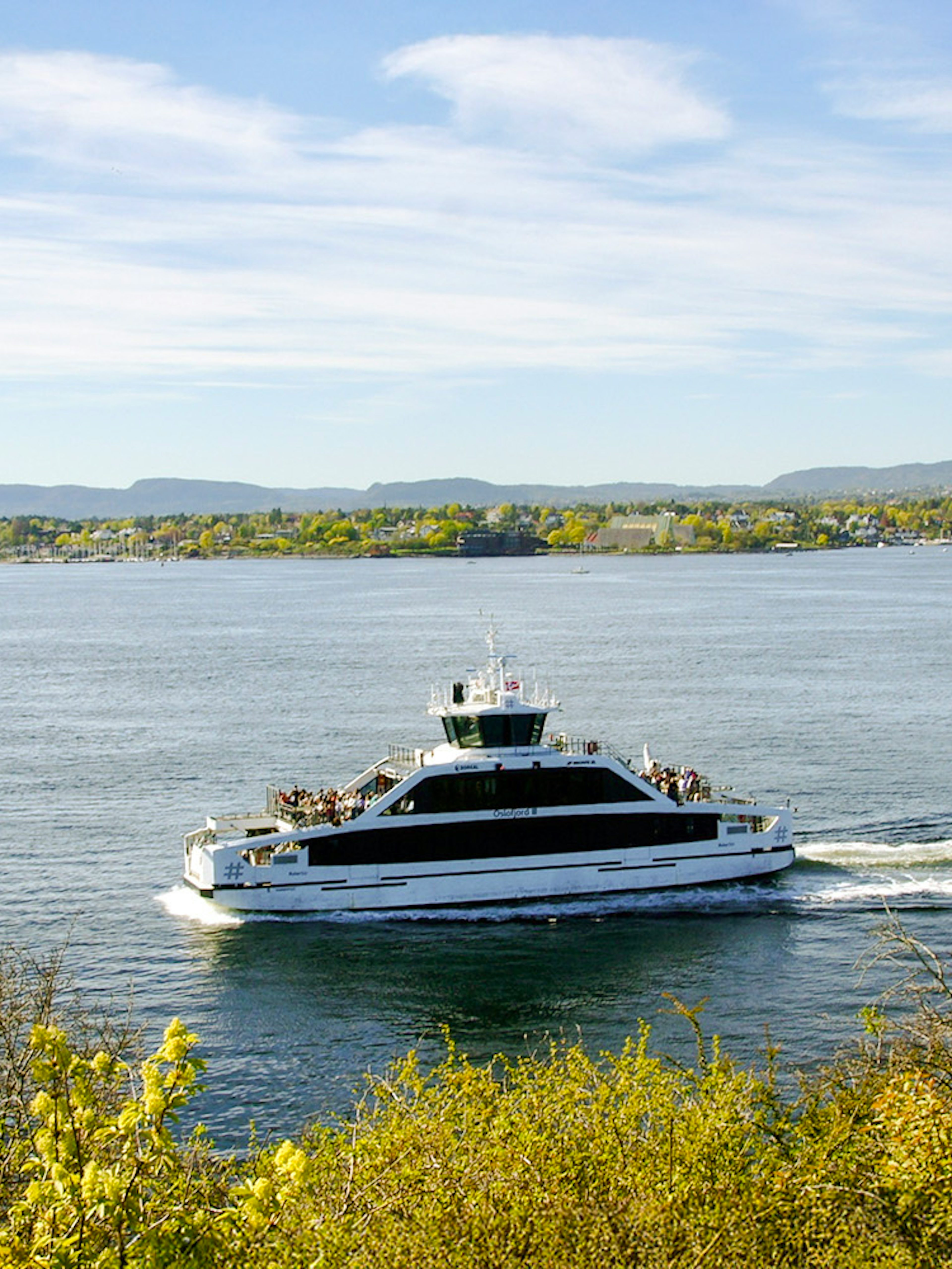 Ferry cruising on Oslofjord with scenic view of coastline and hills in the background.