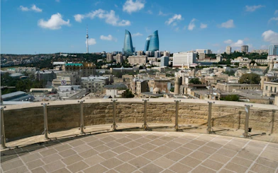 View from Maiden Tower Museum overlooking Baku cityscape with Flame Towers in the distance.