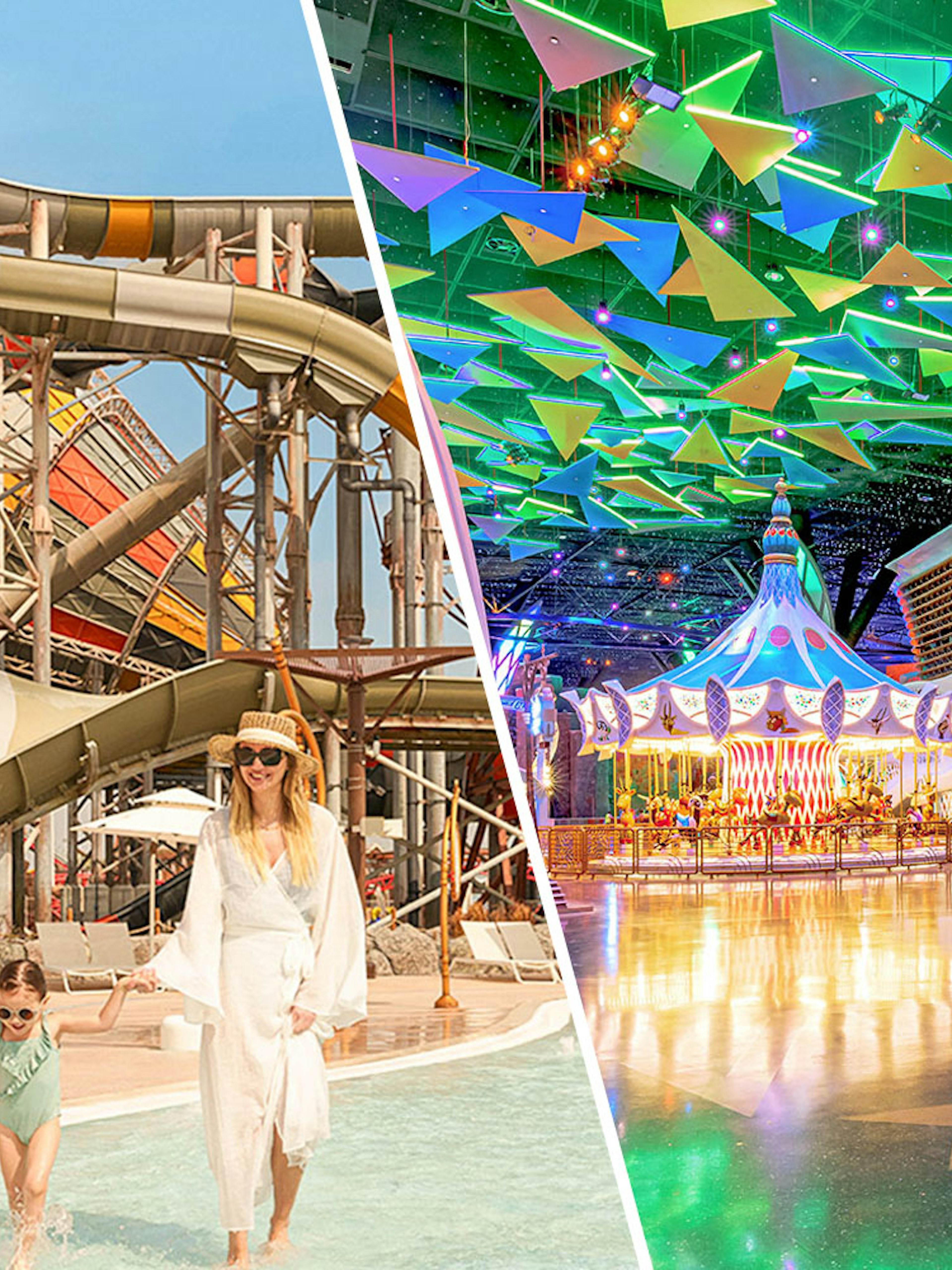 Family enjoying water slides and colorful indoor attractions at Doha Quest Theme Park.