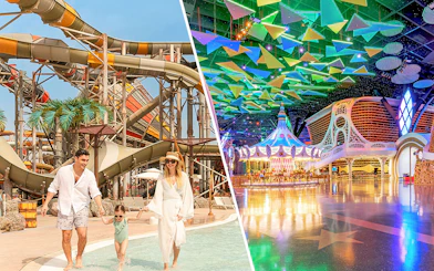 Family enjoying water slides and colorful indoor attractions at Doha Quest Theme Park.