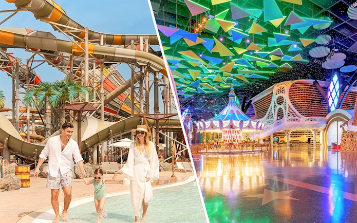 Family enjoying water slides and colorful indoor attractions at Doha Quest Theme Park.