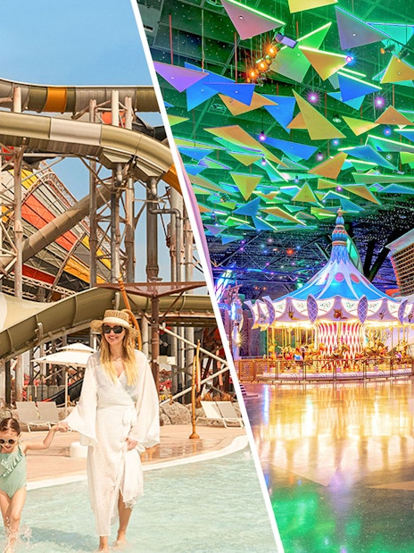 Family enjoying water slides and colorful indoor attractions at Doha Quest Theme Park.