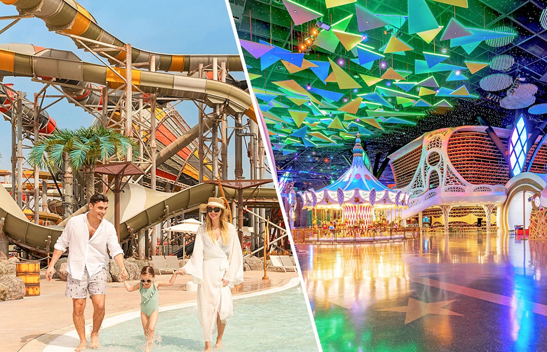 Family enjoying water slides and colorful indoor attractions at Doha Quest Theme Park.