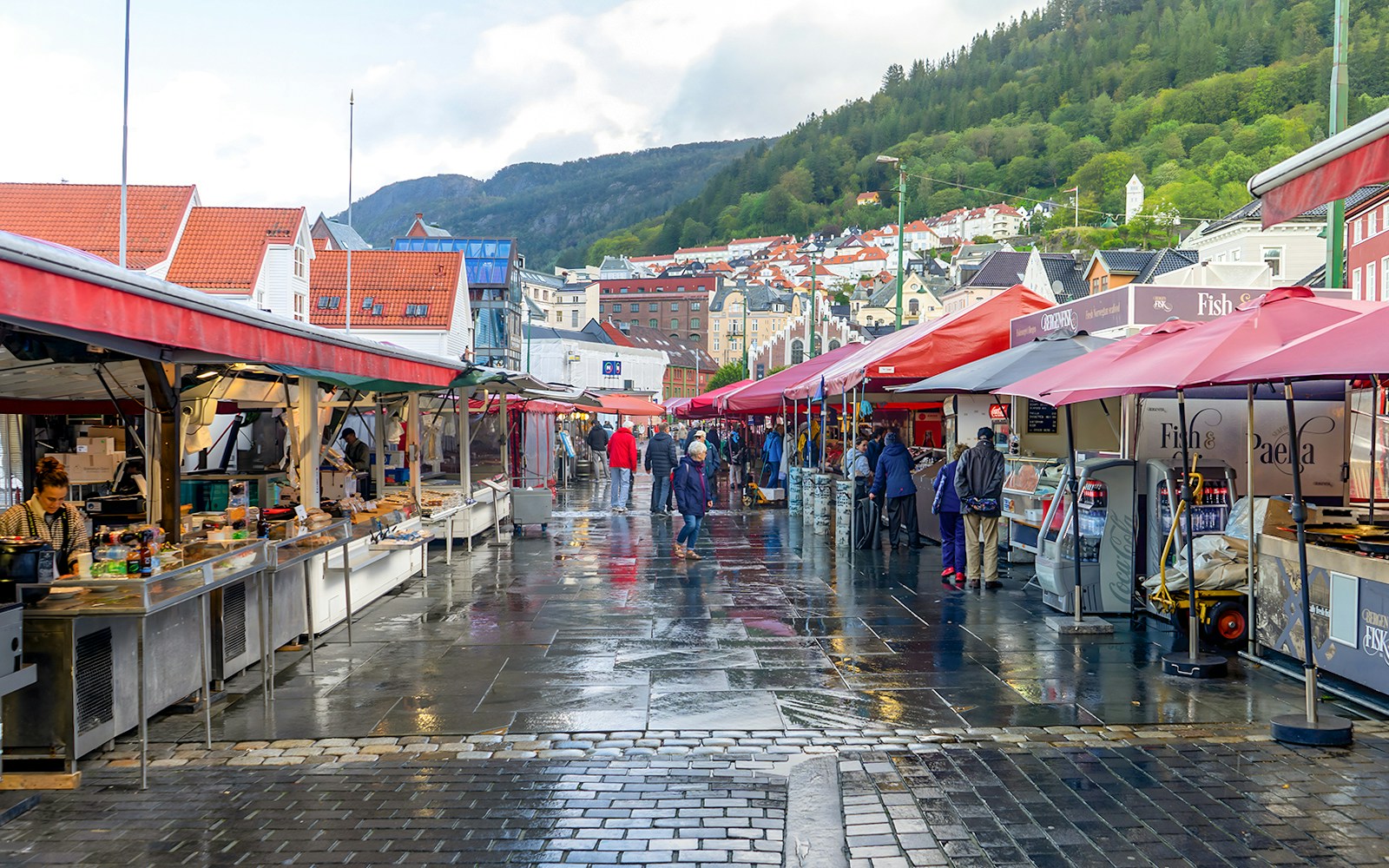 Bergen fish market with stalls and visitors, set against colorful buildings and mountains in Norway.