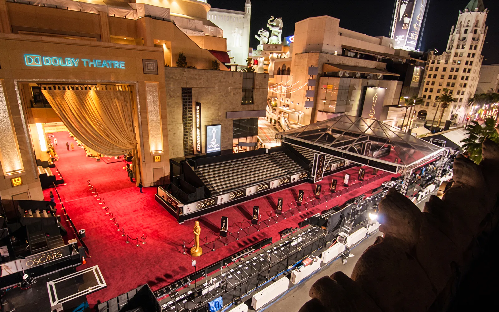 Exterior view of The Dolby Theatre in Los Angeles with red carpet setup for the Oscars.