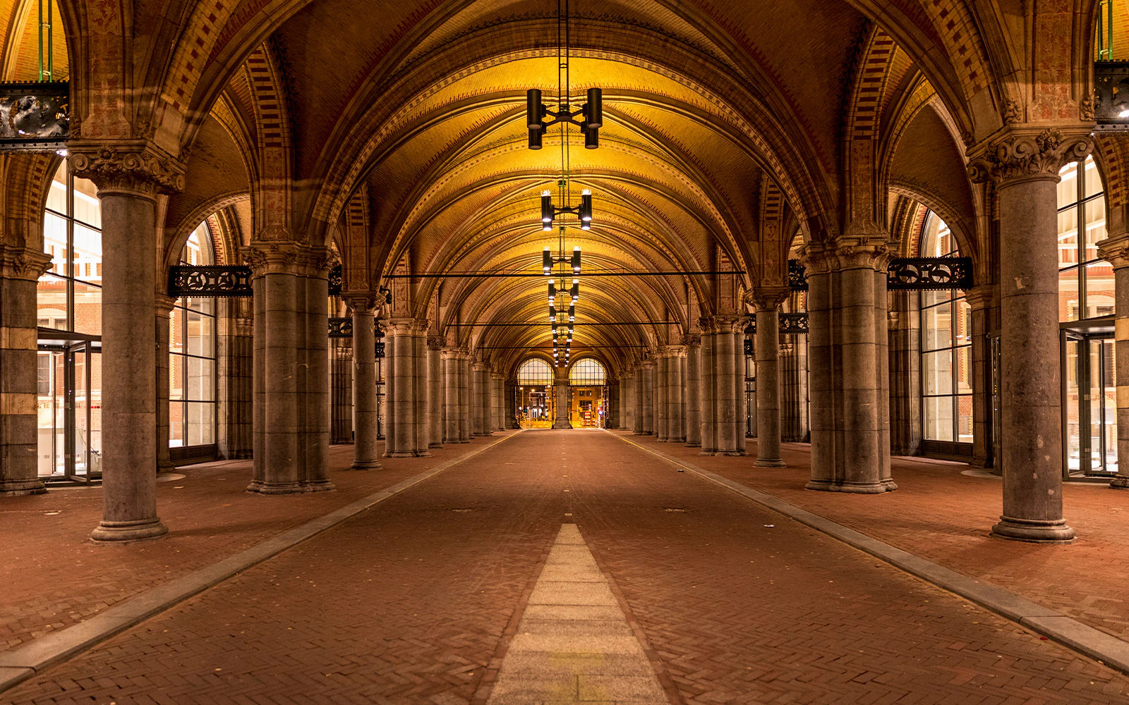 Rijksmuseum passageway with arched ceilings in Amsterdam.