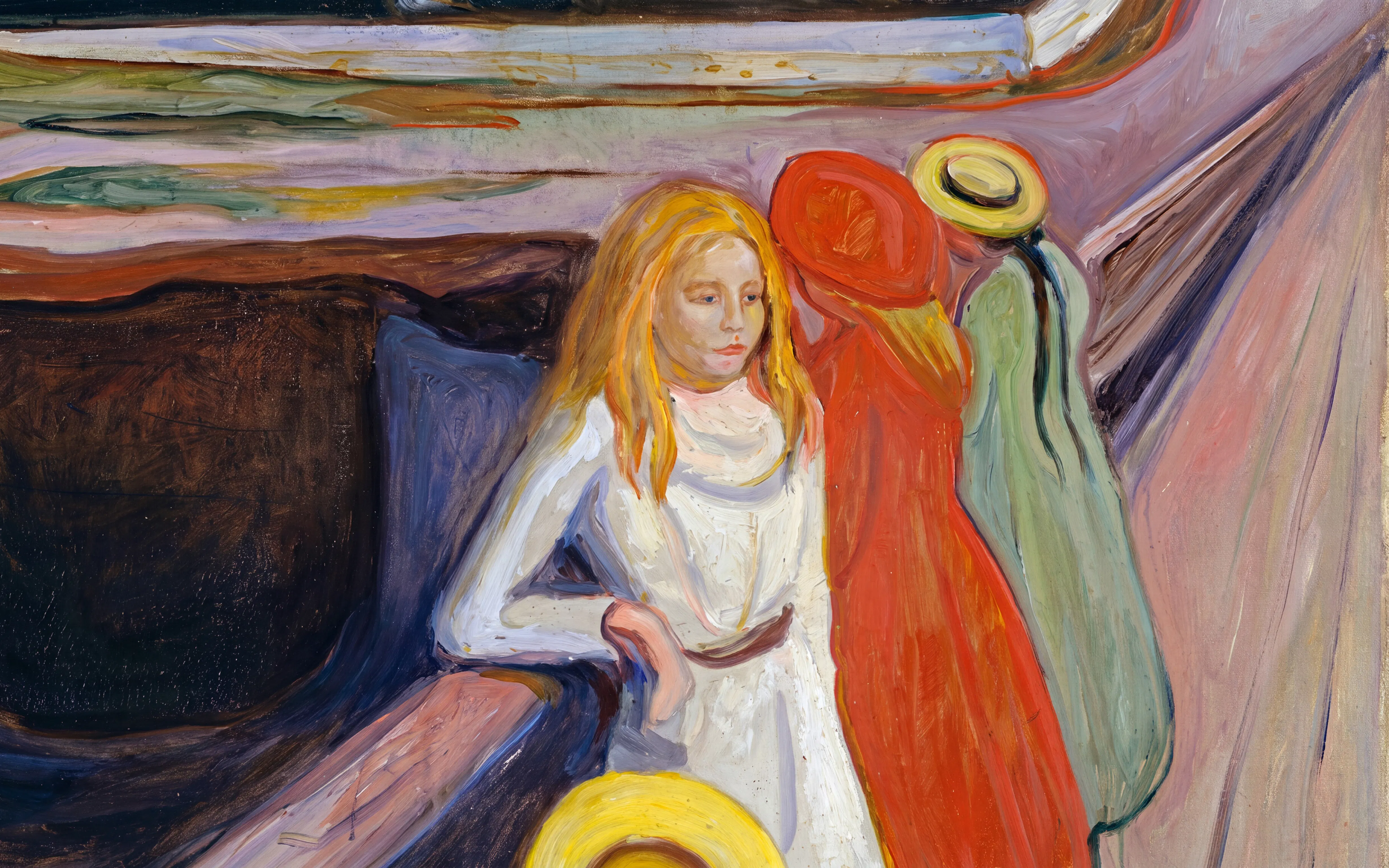 Painting of three women in colorful dresses at Hamburger Kunsthalle exhibit.