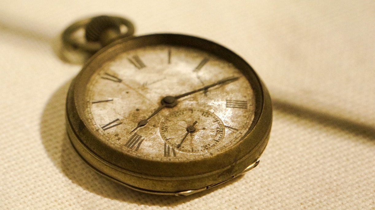 Pocket watch stopped at atomic bomb time, Hiroshima Peace Memorial Museum, Japan.