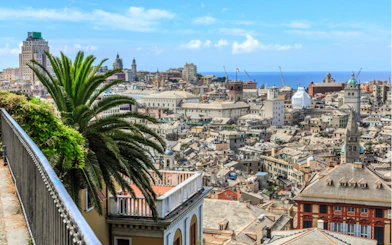 Genoa cityscape with historic buildings and palm trees, view from a terrace overlooking the sea.