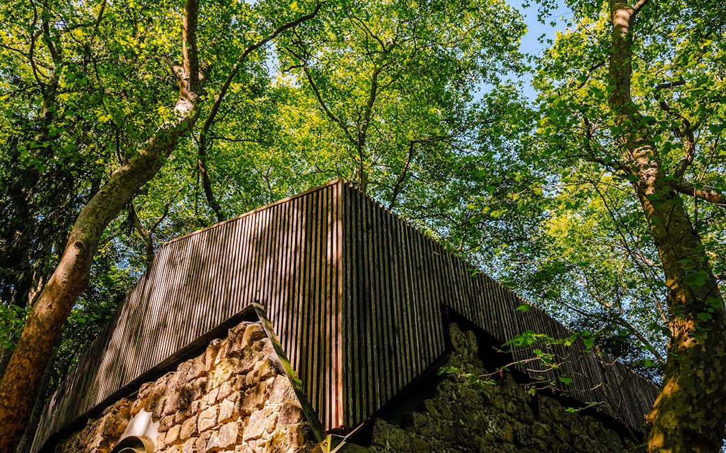 Moorish Castle ruins with Church of São Pedro de Canaferrim in Sintra, Portugal, surrounded by trees.