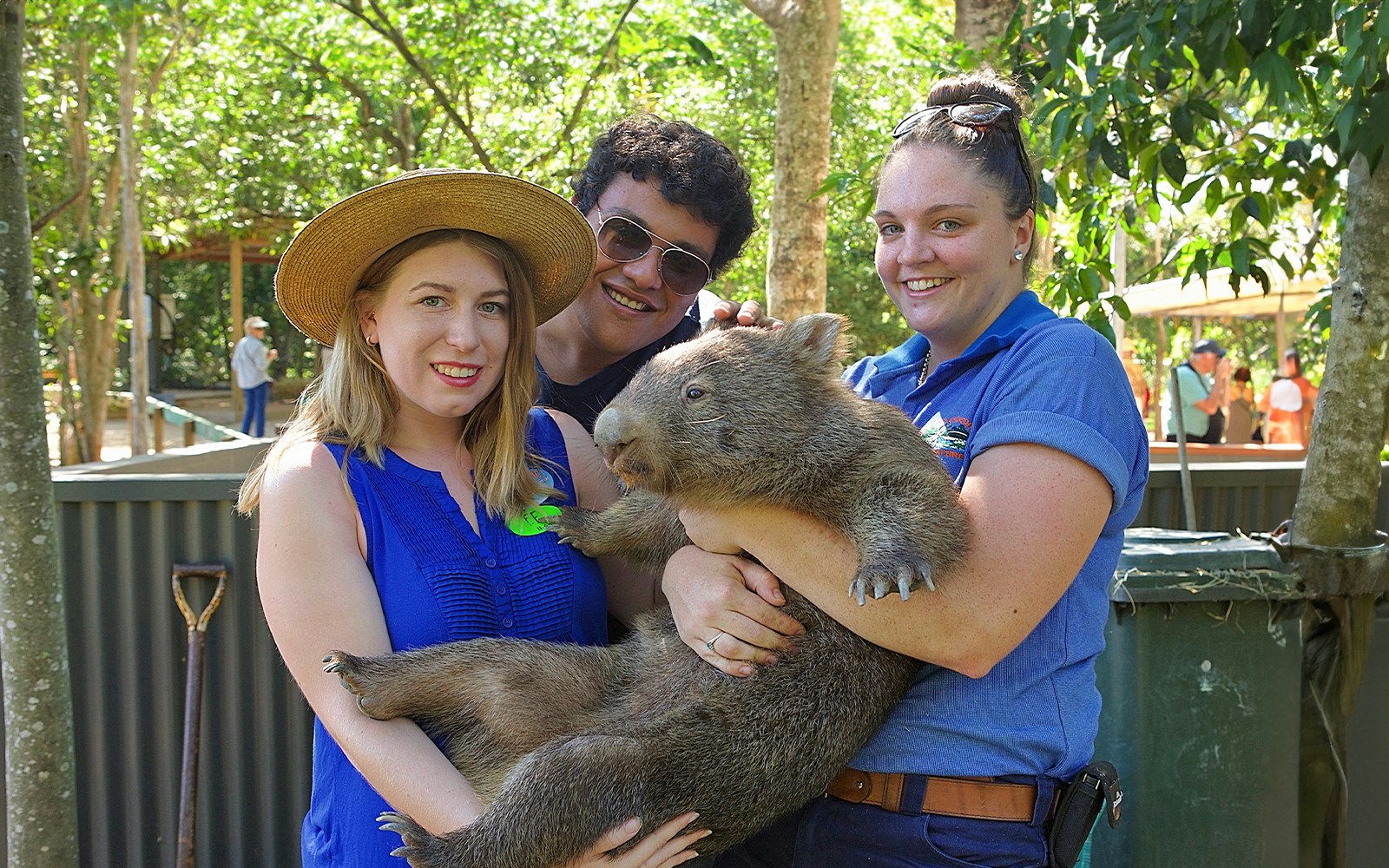 Visitors holding a wombat at Kuranda Koala Gardens in the rainforest.
