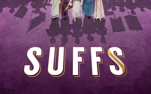 Women in period costumes with protest signs, Suffs musical promotion.